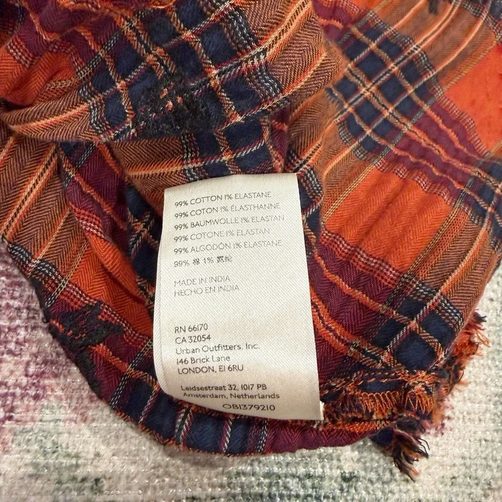 Free People Plaid Embroidered Tunic XS Boho Indie Hippie Bell Sleeve Raw Hem